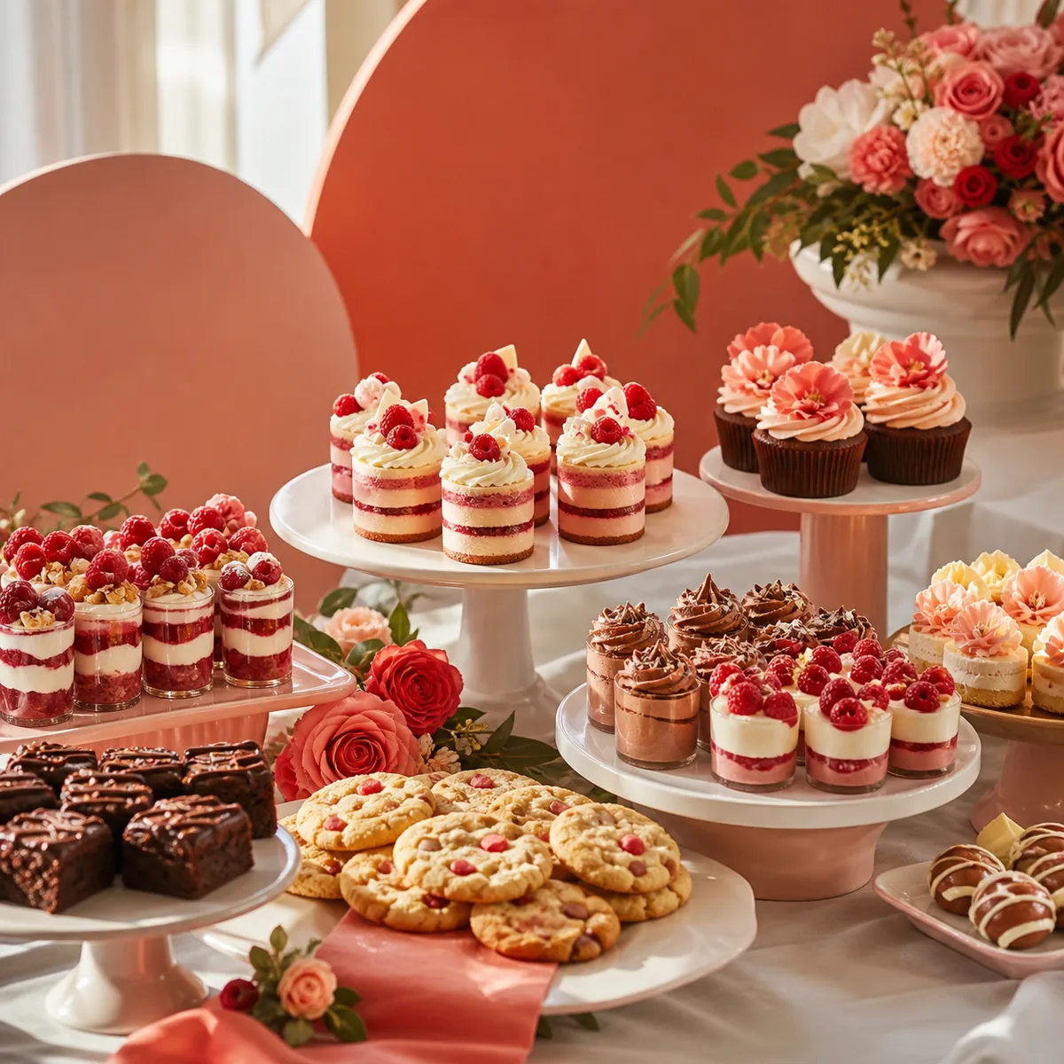 A colorful catered dessert table