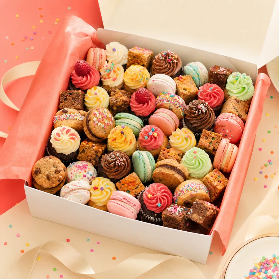 A colorful box of assorted celebration sweets