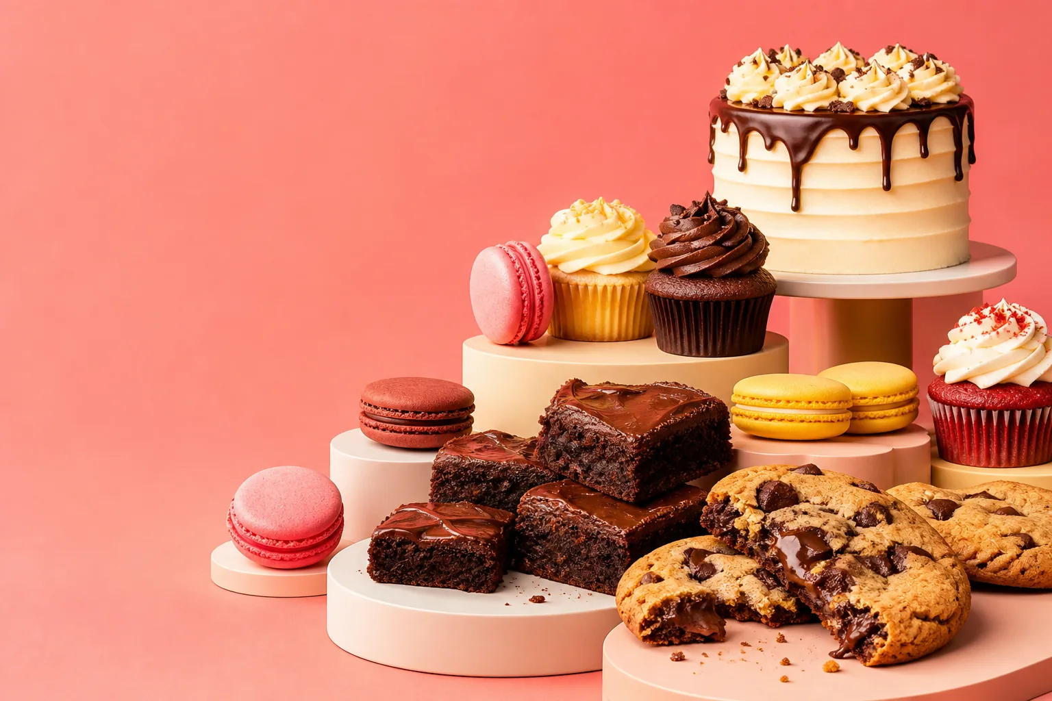 An abundant spread of cookies, brownies, cupcakes, macarons, and cake